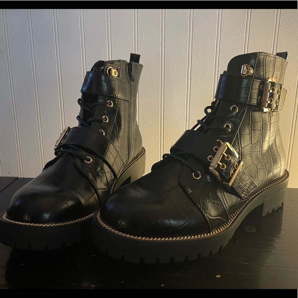 ASOS Black Gator Skin Gold Detail Boots